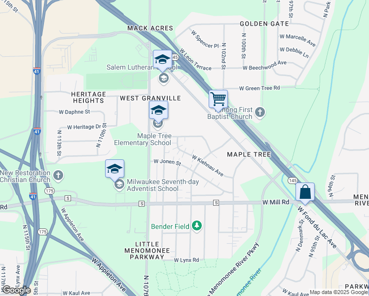 map of restaurants, bars, coffee shops, grocery stores, and more near 10427 West Kiehnau Avenue in Milwaukee