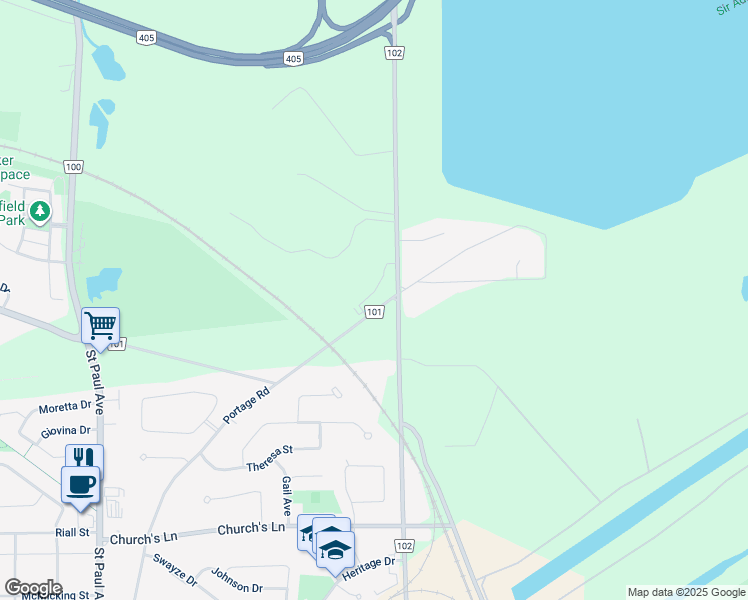 map of restaurants, bars, coffee shops, grocery stores, and more near 2349 Portage Road in Niagara Falls