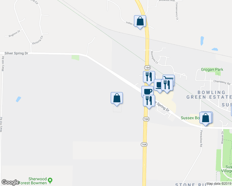 map of restaurants, bars, coffee shops, grocery stores, and more near N66W25225 Silver Spring Drive in Sussex