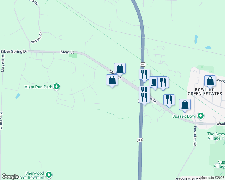 map of restaurants, bars, coffee shops, grocery stores, and more near N66W25225 Silver Spring Drive in Sussex