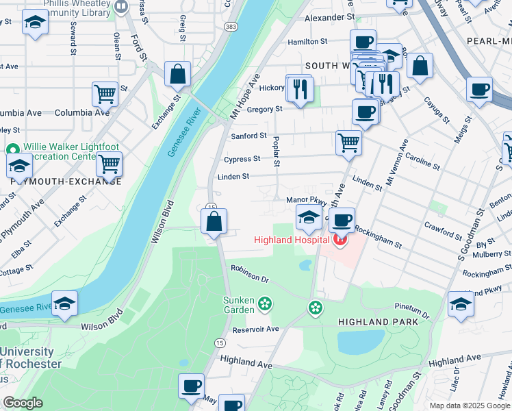 map of restaurants, bars, coffee shops, grocery stores, and more near 156 Manor Parkway in Rochester