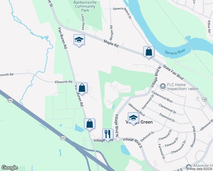 map of restaurants, bars, coffee shops, grocery stores, and more near 727 Idlewood Boulevard North in Baldwinsville