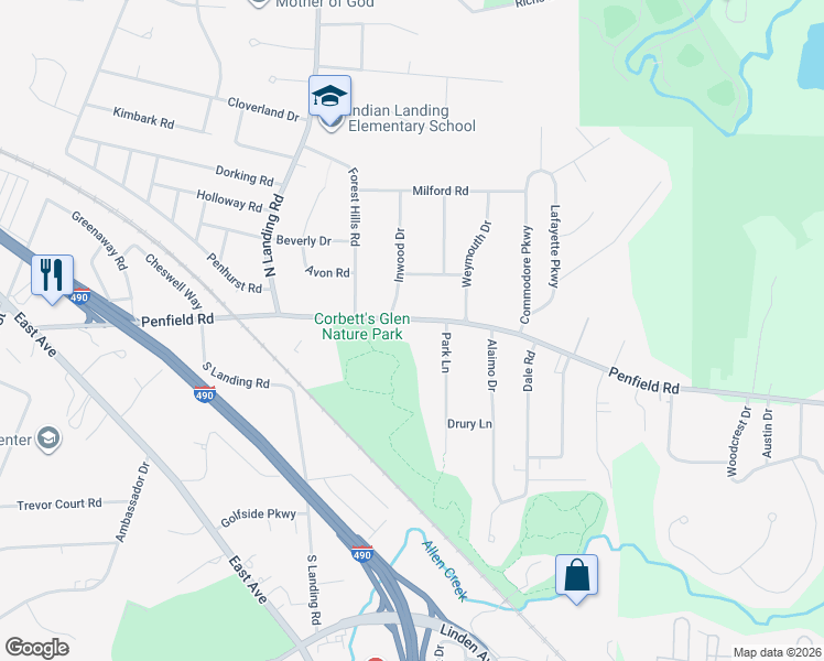 map of restaurants, bars, coffee shops, grocery stores, and more near 525 Penfield Road in Rochester