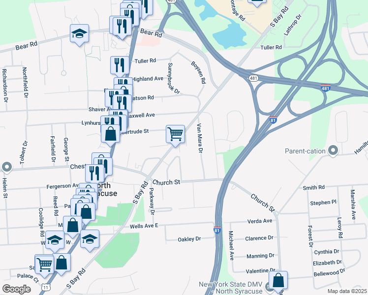 map of restaurants, bars, coffee shops, grocery stores, and more near 106 Postlamp Circle in Syracuse