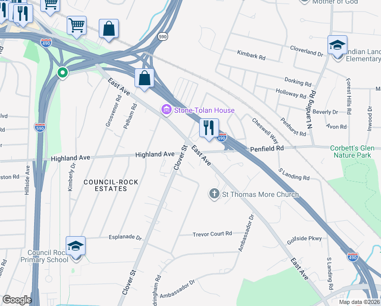map of restaurants, bars, coffee shops, grocery stores, and more near 2505 East Avenue in Rochester