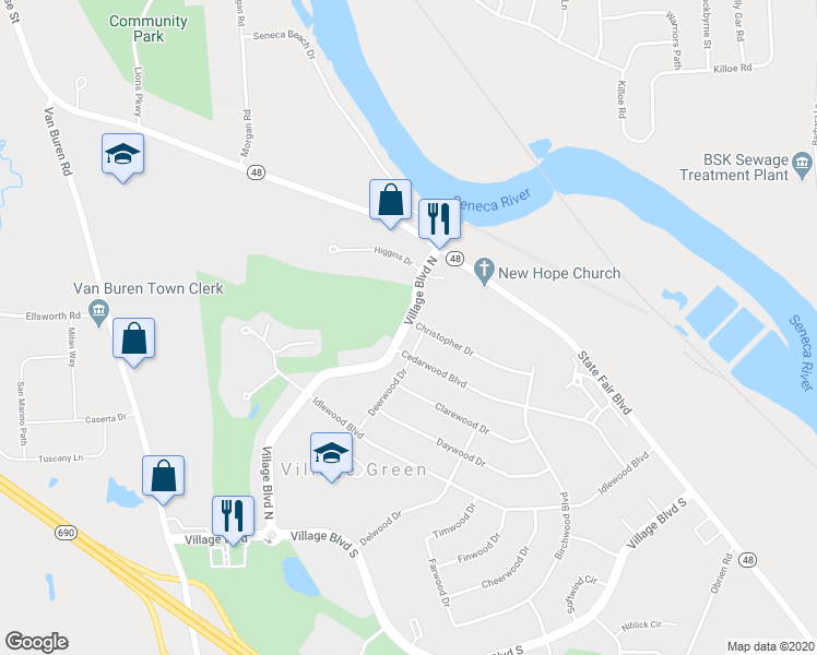 map of restaurants, bars, coffee shops, grocery stores, and more near 419 Village Boulevard North in Baldwinsville