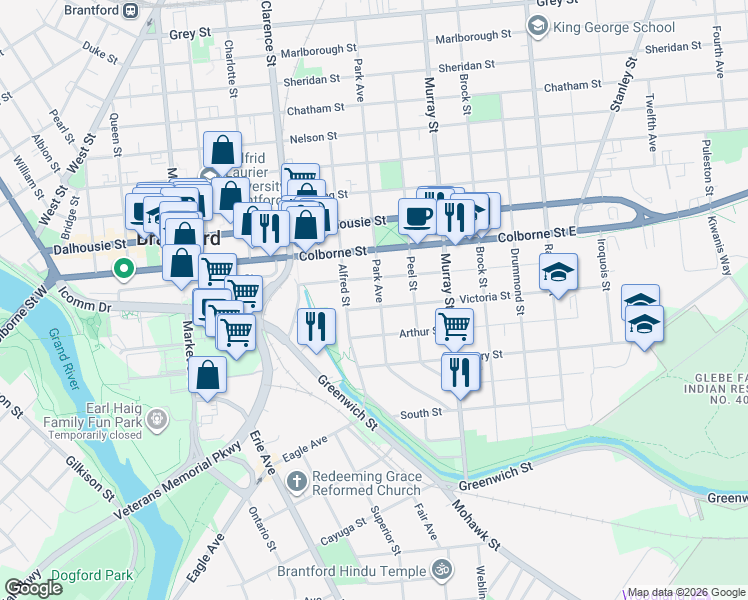 map of restaurants, bars, coffee shops, grocery stores, and more near 134 Park Avenue in Brantford