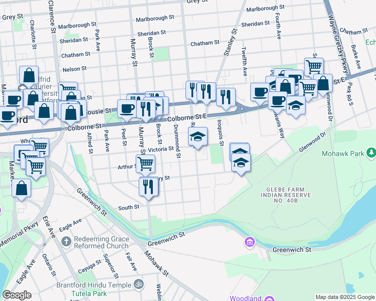 map of restaurants, bars, coffee shops, grocery stores, and more near 113 Victoria Street in Brantford