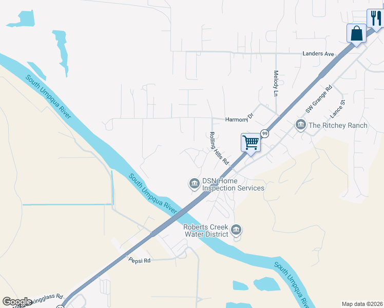 map of restaurants, bars, coffee shops, grocery stores, and more near 170 Nehalem Loop in Roseburg