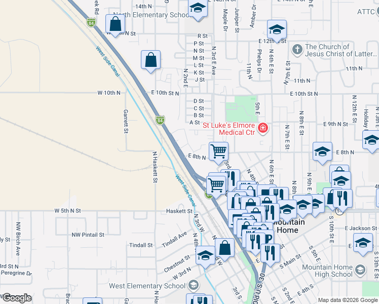 map of restaurants, bars, coffee shops, grocery stores, and more near 103 East 8th North in Mountain Home