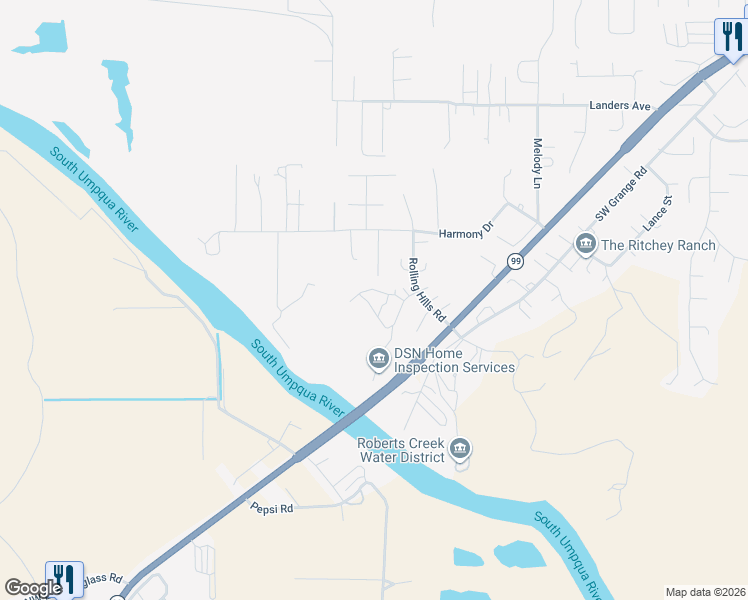 map of restaurants, bars, coffee shops, grocery stores, and more near 170 Nehalem Loop in Roseburg