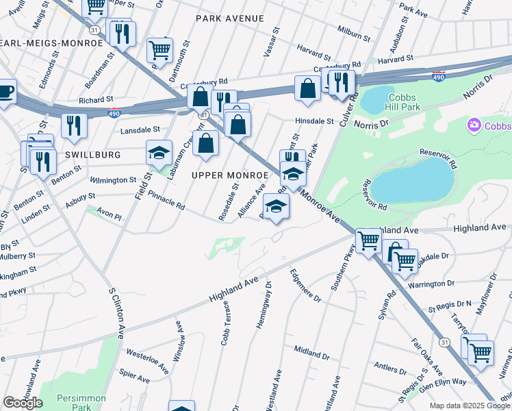 map of restaurants, bars, coffee shops, grocery stores, and more near 99 Pinnacle Road in Rochester