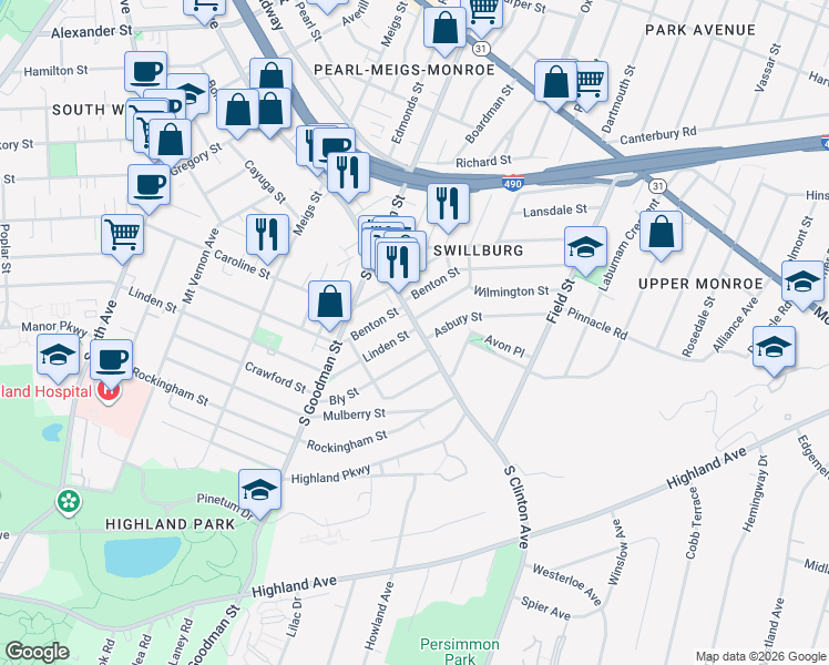map of restaurants, bars, coffee shops, grocery stores, and more near 709 Linden Street in Rochester