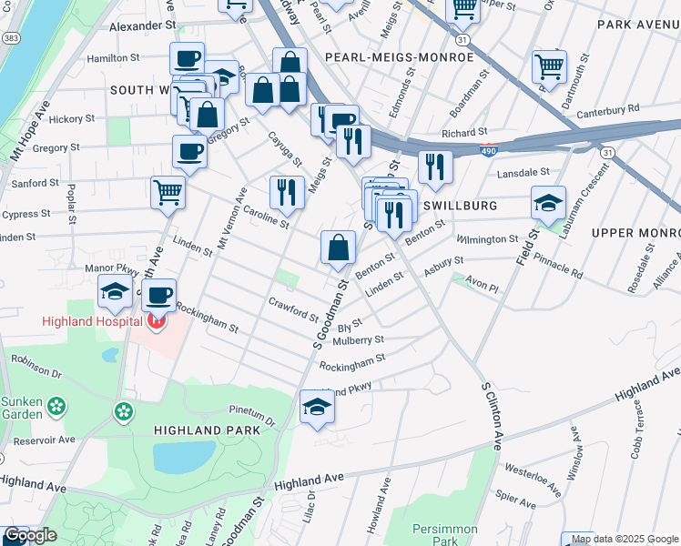 map of restaurants, bars, coffee shops, grocery stores, and more near 869 South Goodman Street in Rochester
