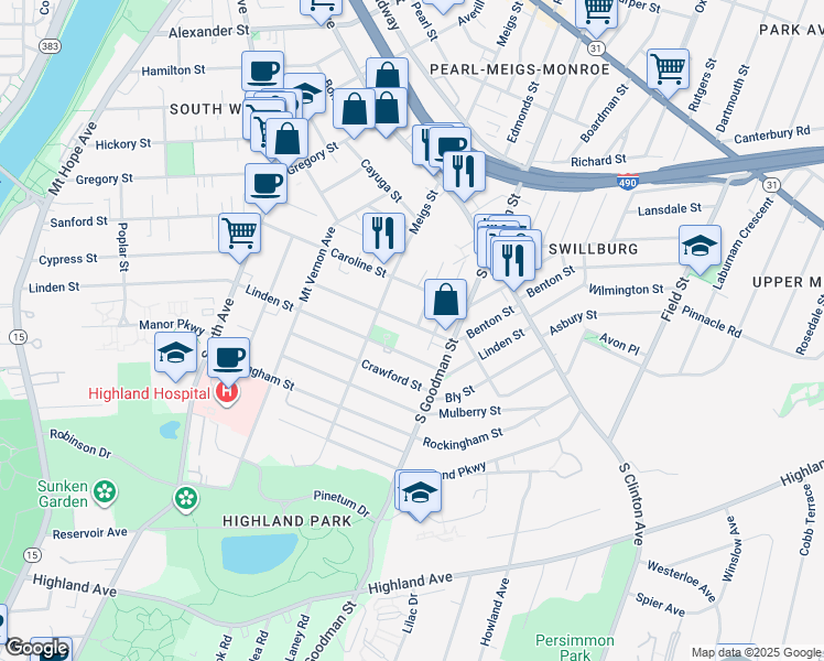 map of restaurants, bars, coffee shops, grocery stores, and more near 534 Linden Street in Rochester