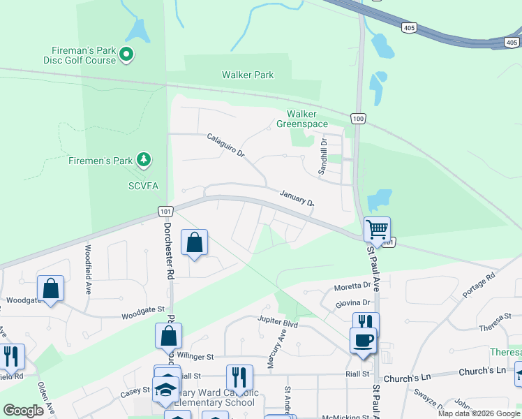 map of restaurants, bars, coffee shops, grocery stores, and more near 6580 Mountain Road in Niagara Falls