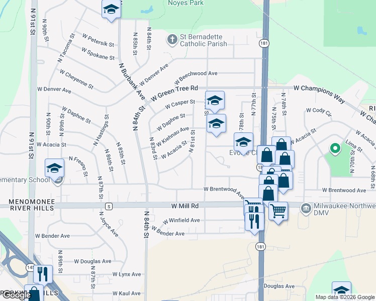 map of restaurants, bars, coffee shops, grocery stores, and more near 8112 West Clovernook Street in Milwaukee
