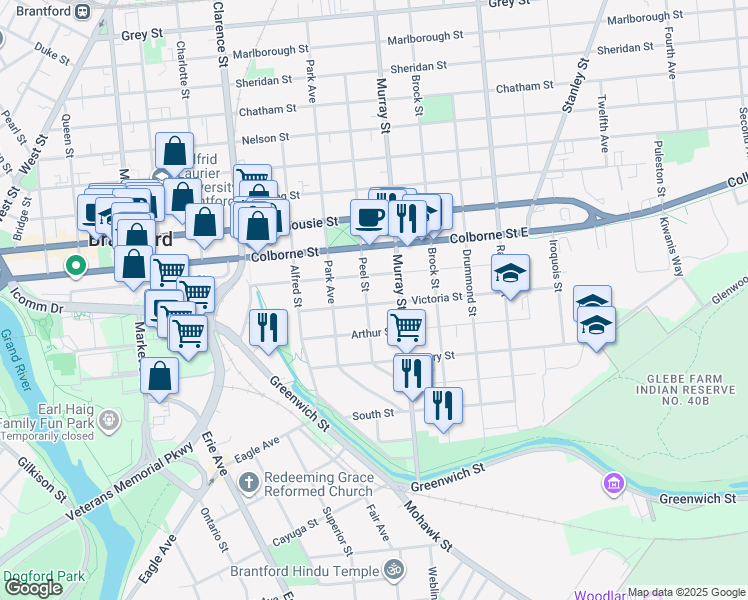 map of restaurants, bars, coffee shops, grocery stores, and more near 35 Peel Street in Brantford