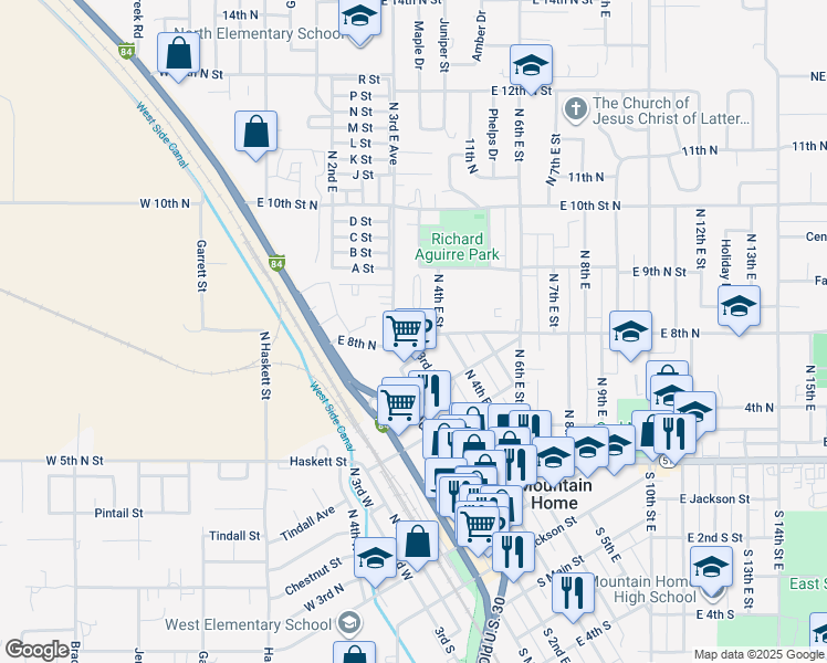 map of restaurants, bars, coffee shops, grocery stores, and more near 340 East 8th North in Mountain Home