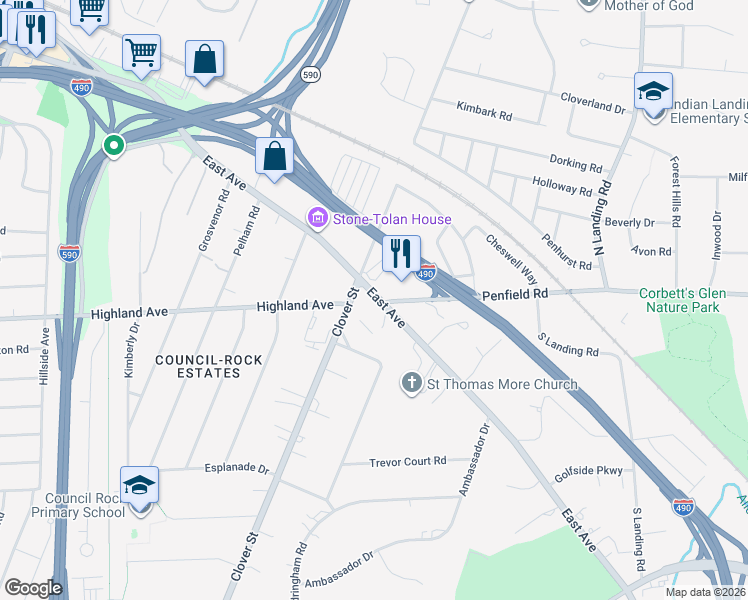 map of restaurants, bars, coffee shops, grocery stores, and more near 2525 East Avenue in Rochester