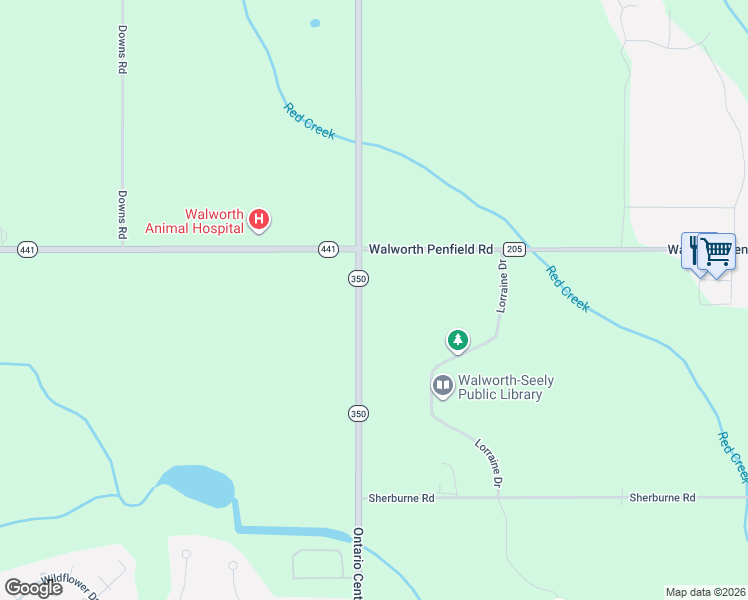 map of restaurants, bars, coffee shops, grocery stores, and more near 3684 Ontario Center Road in Walworth