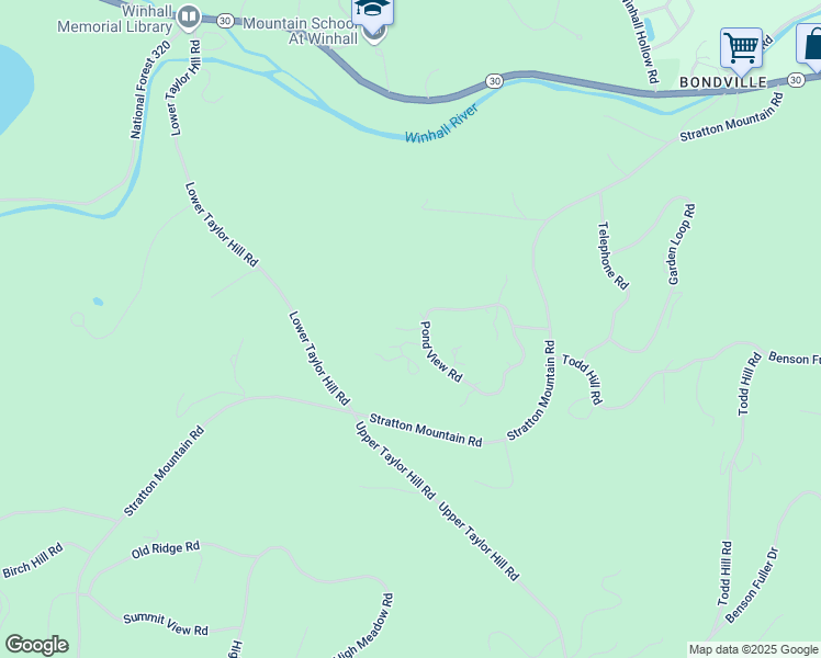 map of restaurants, bars, coffee shops, grocery stores, and more near 25 Hilltop Road in Winhall