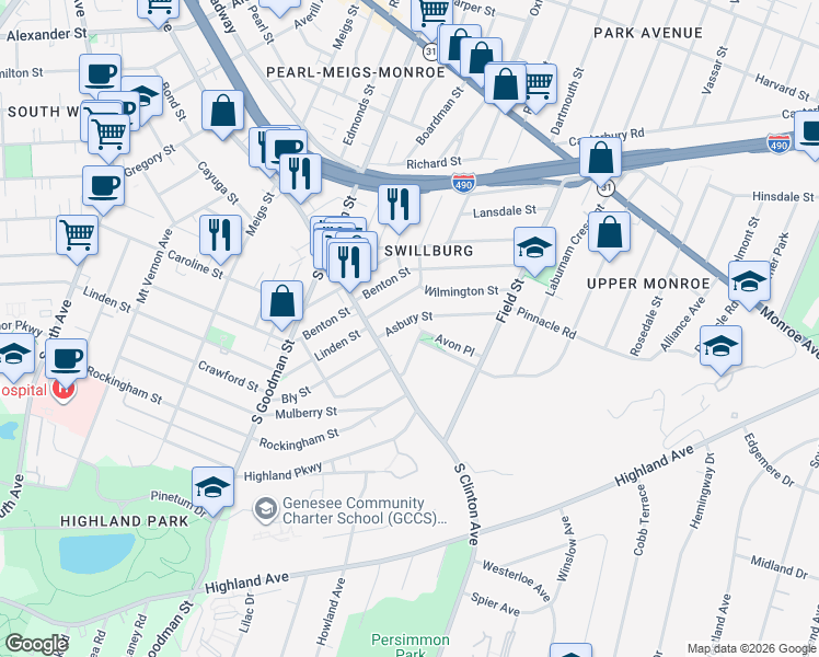 map of restaurants, bars, coffee shops, grocery stores, and more near 1104 South Clinton Avenue in Rochester