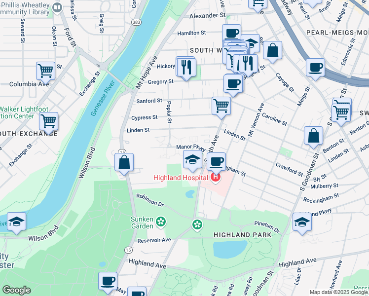 map of restaurants, bars, coffee shops, grocery stores, and more near 63 Manor Parkway in Rochester