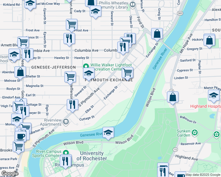 map of restaurants, bars, coffee shops, grocery stores, and more near in Rochester