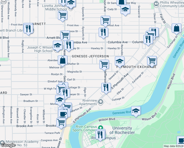 map of restaurants, bars, coffee shops, grocery stores, and more near 66 Earl Street in Rochester