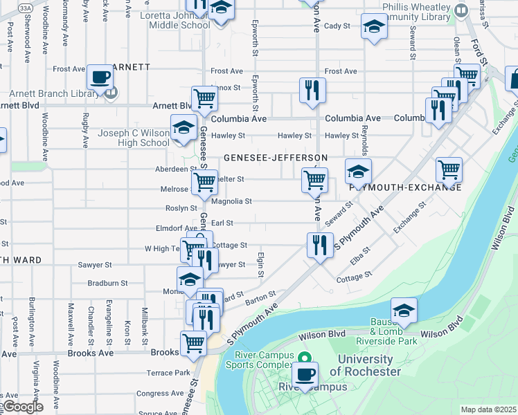 map of restaurants, bars, coffee shops, grocery stores, and more near 120 Earl Street in Rochester