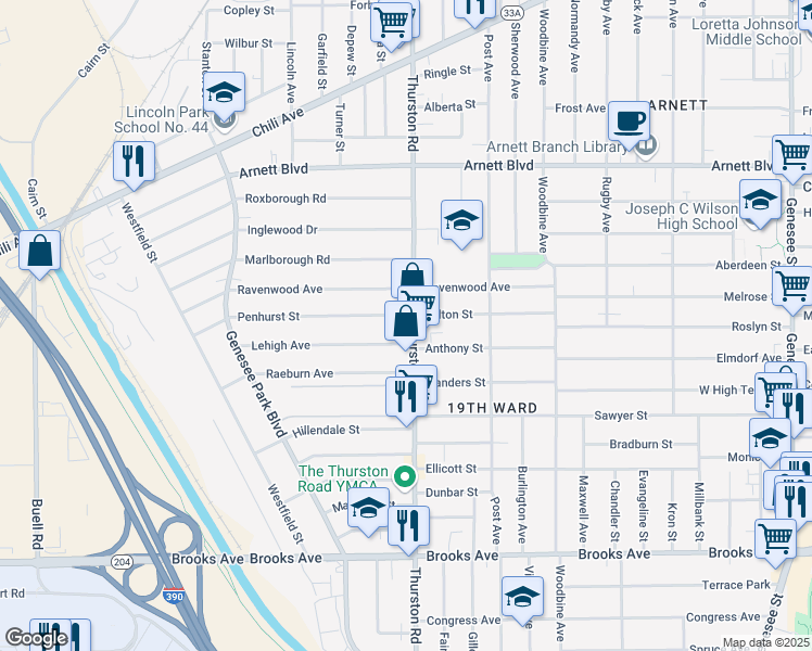 map of restaurants, bars, coffee shops, grocery stores, and more near 31 Lehigh Avenue in Rochester