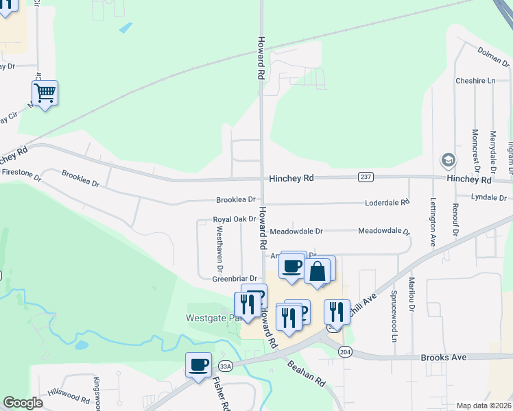 map of restaurants, bars, coffee shops, grocery stores, and more near 1367 Howard Road in Rochester