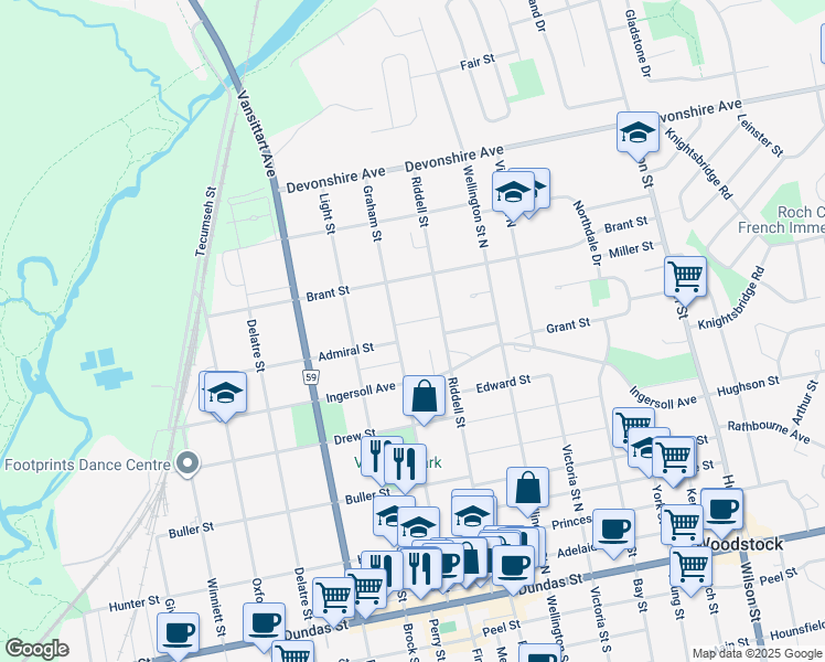 map of restaurants, bars, coffee shops, grocery stores, and more near 206 Graham Street in Woodstock