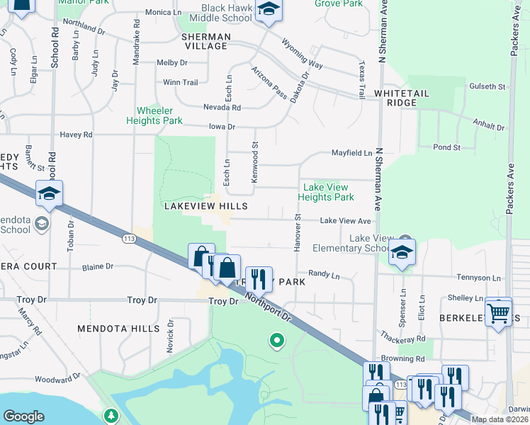 map of restaurants, bars, coffee shops, grocery stores, and more near 1513 Lake View Avenue in Madison