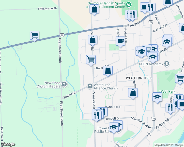 map of restaurants, bars, coffee shops, grocery stores, and more near 1 Fox Trail Drive in Saint Catharines