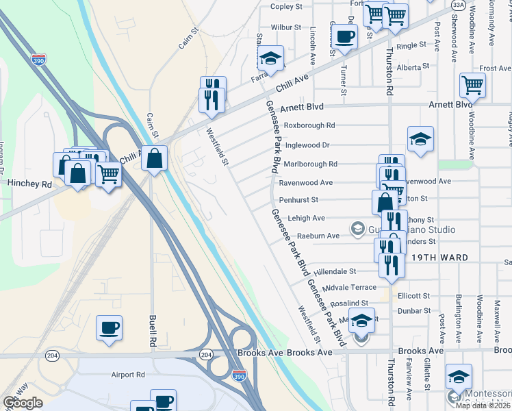 map of restaurants, bars, coffee shops, grocery stores, and more near 294 Penhurst Street in Rochester