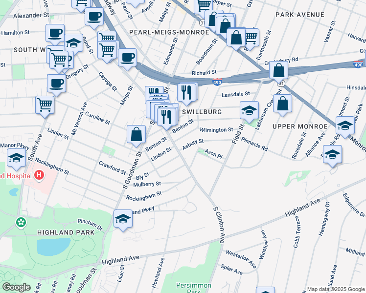 map of restaurants, bars, coffee shops, grocery stores, and more near 16 Asbury Street in Rochester