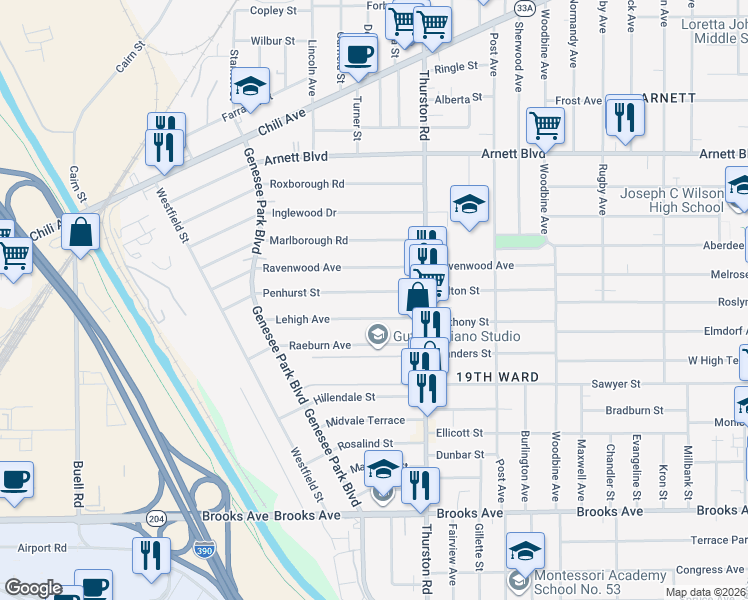map of restaurants, bars, coffee shops, grocery stores, and more near 85 Lehigh Avenue in Rochester