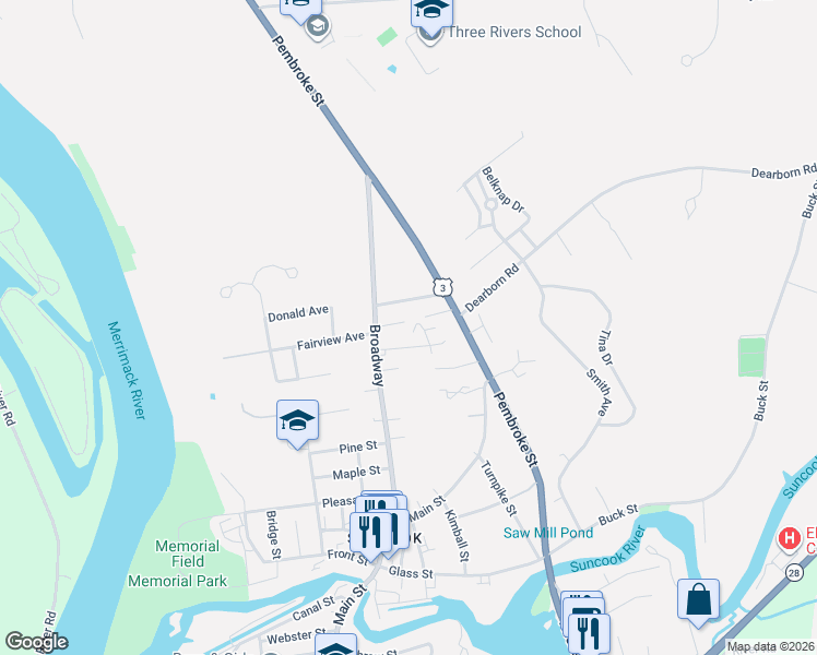 map of restaurants, bars, coffee shops, grocery stores, and more near 9 Hillcrest Avenue in Suncook