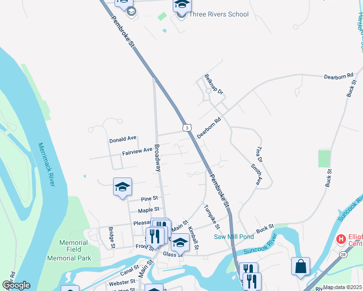 map of restaurants, bars, coffee shops, grocery stores, and more near 9 Hillcrest Avenue in Suncook