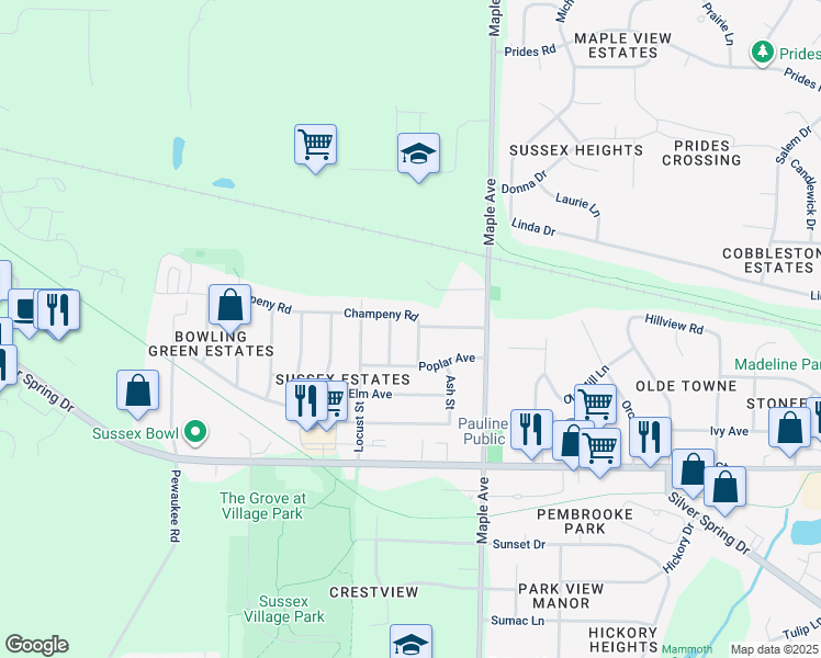 map of restaurants, bars, coffee shops, grocery stores, and more near 6697 Champeny Road in Sussex