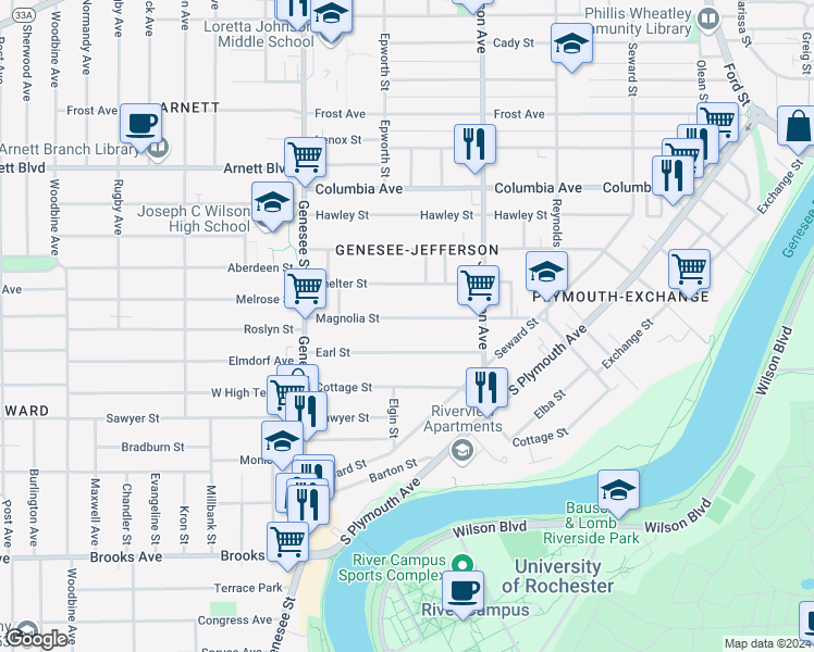 map of restaurants, bars, coffee shops, grocery stores, and more near 337 Magnolia Street in Rochester