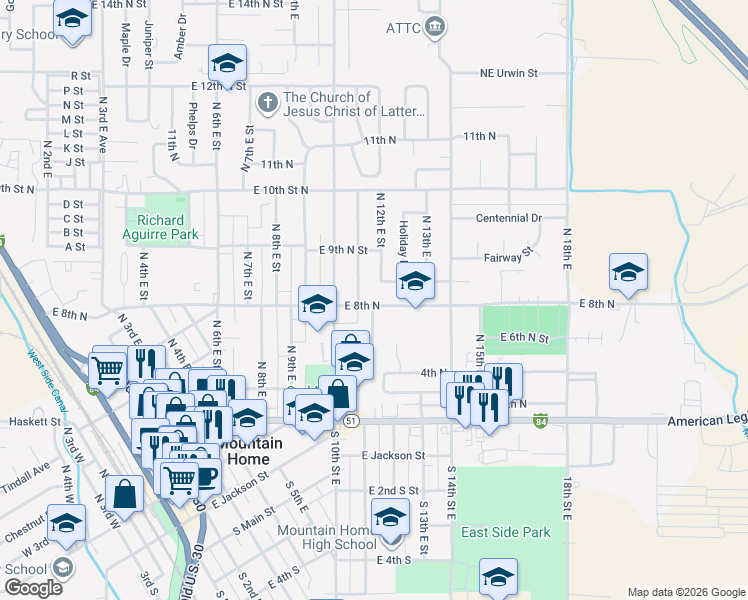 map of restaurants, bars, coffee shops, grocery stores, and more near 517 North 11th East Street in Mountain Home