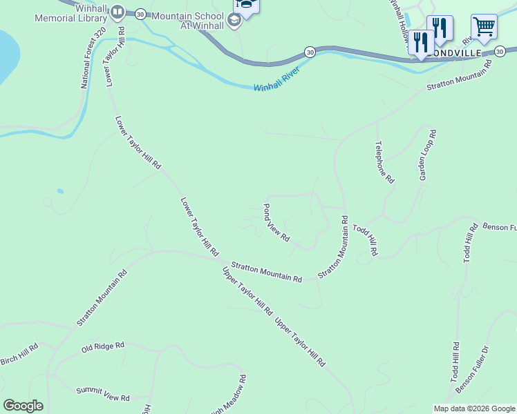 map of restaurants, bars, coffee shops, grocery stores, and more near 66 Hilltop Road in Winhall