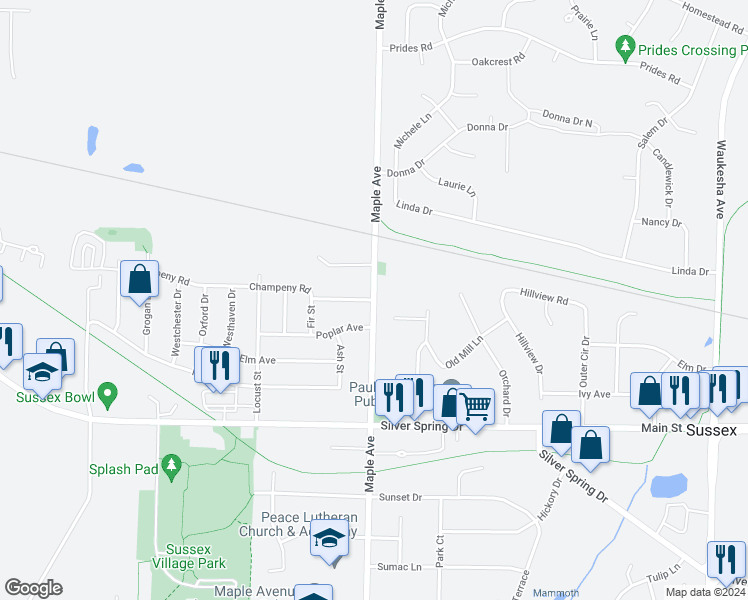 map of restaurants, bars, coffee shops, grocery stores, and more near Maple Avenue in Sussex