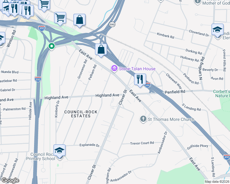 map of restaurants, bars, coffee shops, grocery stores, and more near 2619 Highland Avenue in Rochester