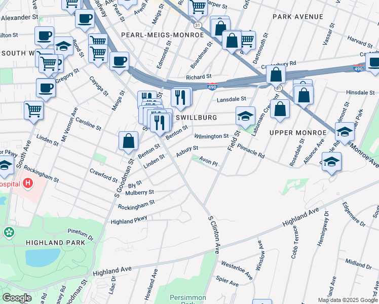 map of restaurants, bars, coffee shops, grocery stores, and more near 23 Sycamore Street in Rochester