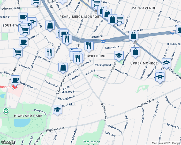 map of restaurants, bars, coffee shops, grocery stores, and more near 1104 South Clinton Avenue in Rochester