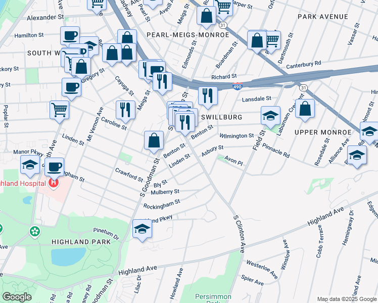 map of restaurants, bars, coffee shops, grocery stores, and more near 709 Linden Street in Rochester